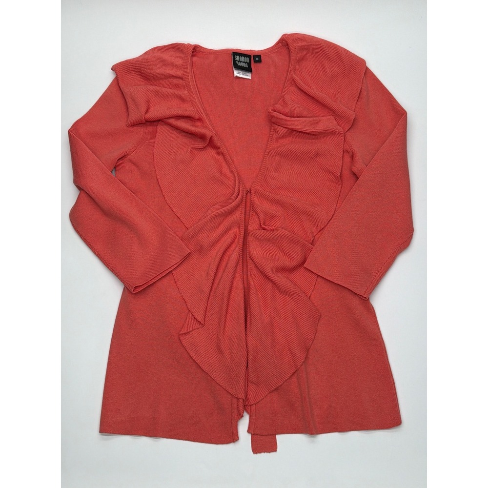 Sharon Young Womens Coral Silk Ruffle Front Ribbed 3/4 Sleeve Cardigan Small NWT - Picture 1 of 11